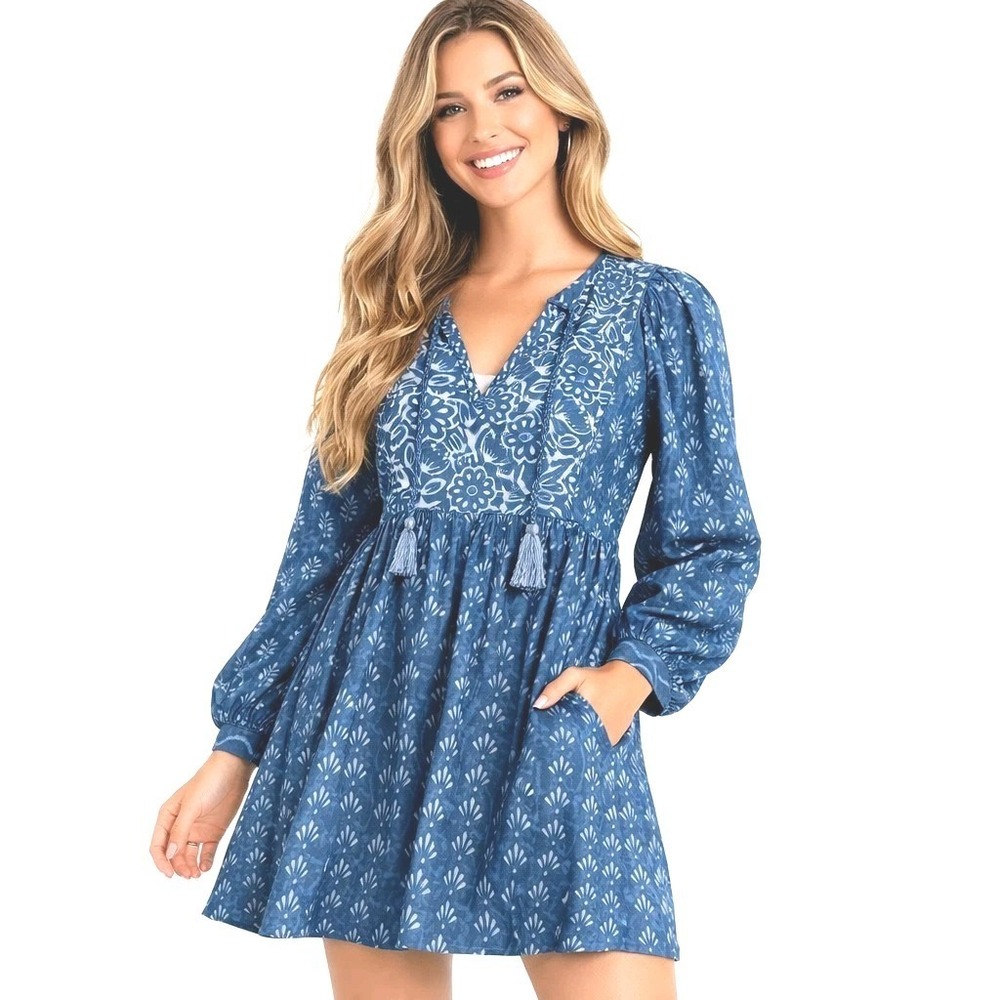Faherty Solstice Dress S Blue Mini Silk Blend Boho Western Pockets